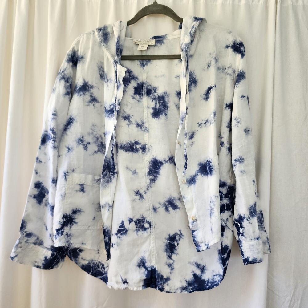 Rachel Zoe 100% linen blue white tie dye hoodie shacket S coastalgrandma Resort - Picture 6 of 11